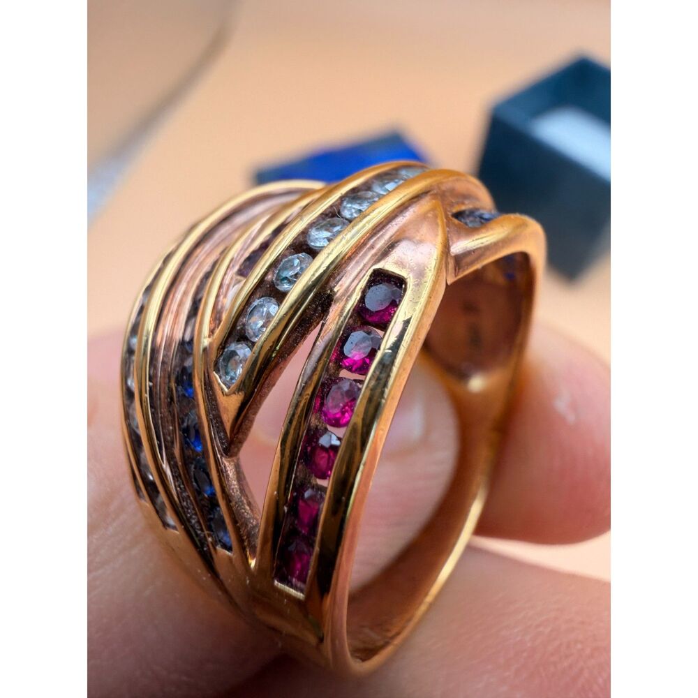 Bold Gold Cocktail Ring - Red/White/Blue Cross over style - Size 11